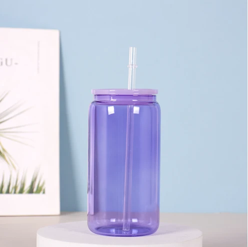 Candy Colored Cola Glass Mug With PP Lid And Straw